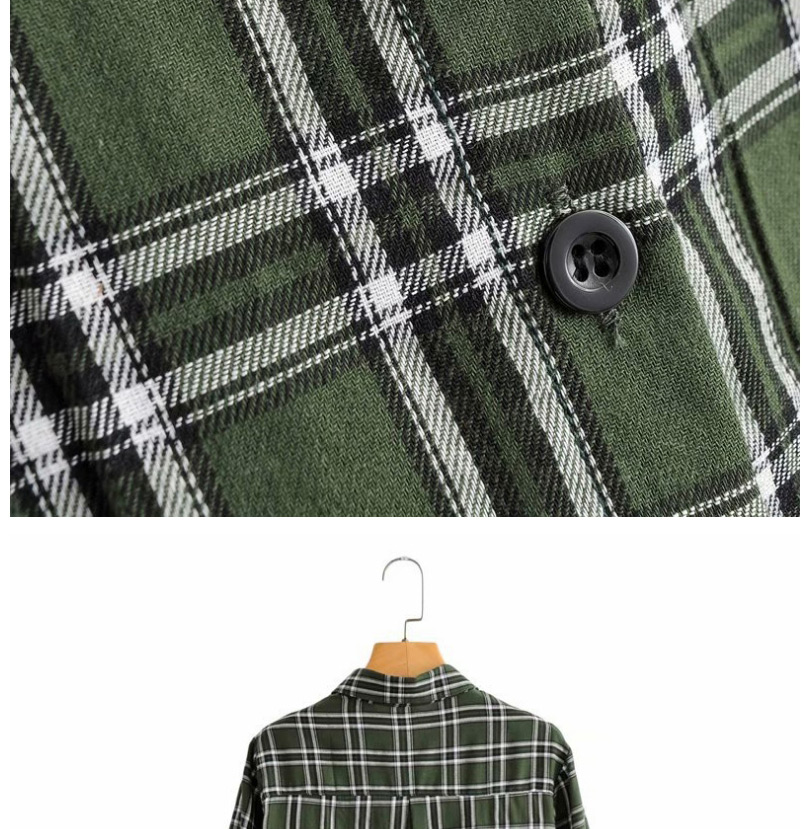 Fashion Green Check Print Lapel Long Sleeve Shirt,Tank Tops & Camis