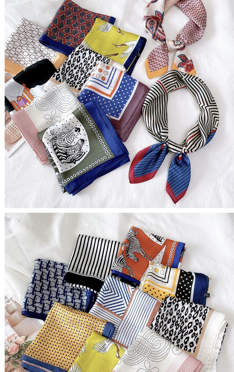 Fashion Color Flower Four Grid Blue Border Striped Print Contrasting Geometric Small Square Scarf,Thin Scaves