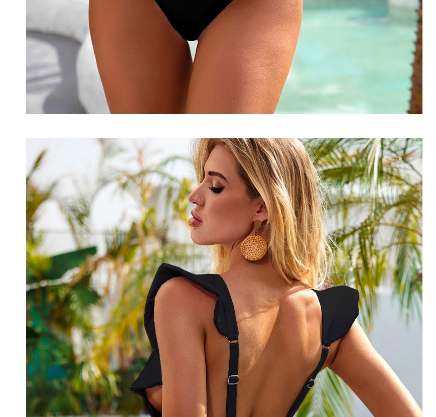 Fashion Black Ruffled Deep V One-piece Swimsuit,One Pieces