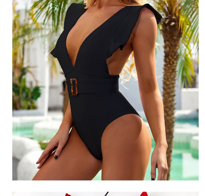 Fashion Rose Red Ruffled Deep V One-piece Swimsuit,One Pieces