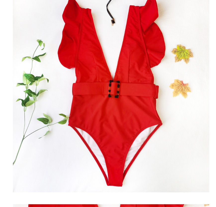 Fashion Rose Red Ruffled Deep V One-piece Swimsuit,One Pieces
