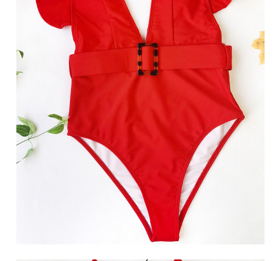 Fashion Red Ruffled Deep V One-piece Swimsuit,One Pieces