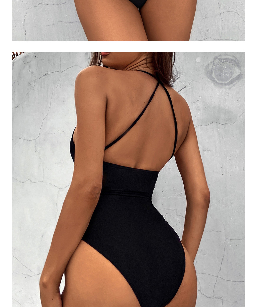 Fashion Black Solid Color Metal Ring V-neck One-piece Swimsuit,One Pieces