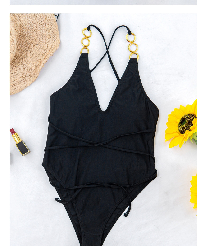 Fashion Black Solid Color Metal Ring V-neck One-piece Swimsuit,One Pieces