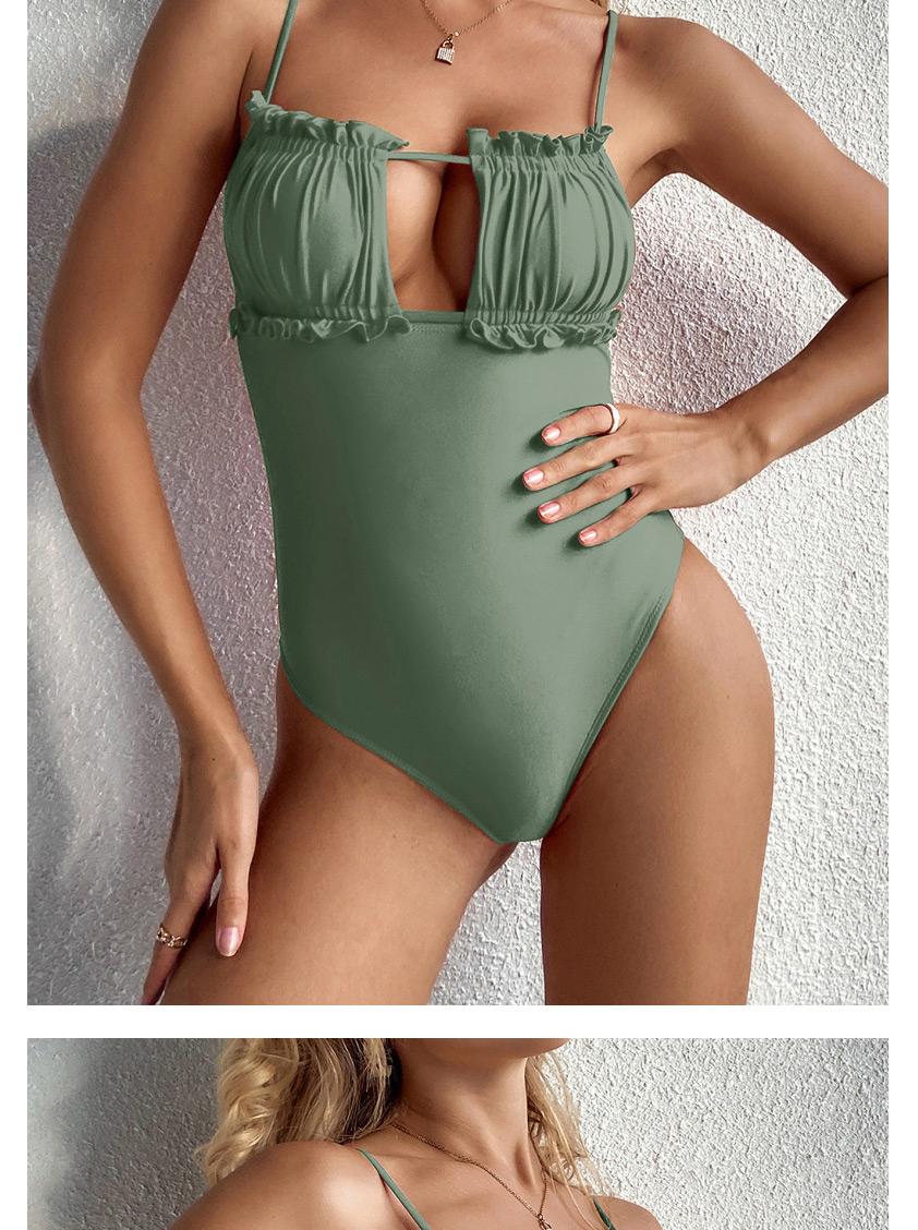 Fashion Gray Green One-piece Swimsuit With Drawstring Fungus,One Pieces