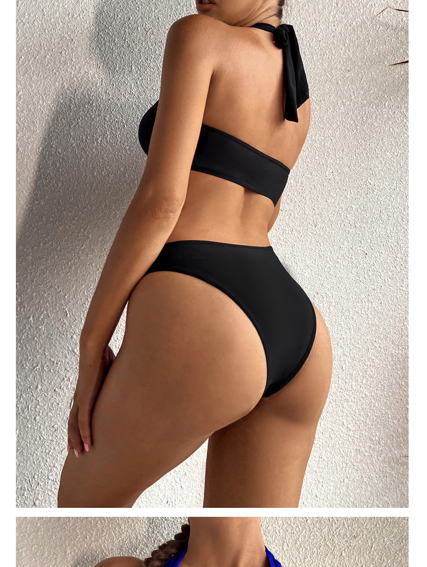 Fashion Black Solid Color Bandage Metal Ring One-piece Swimsuit,One Pieces