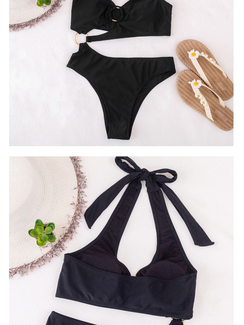 Fashion Black Solid Color Bandage Metal Ring One-piece Swimsuit,One Pieces