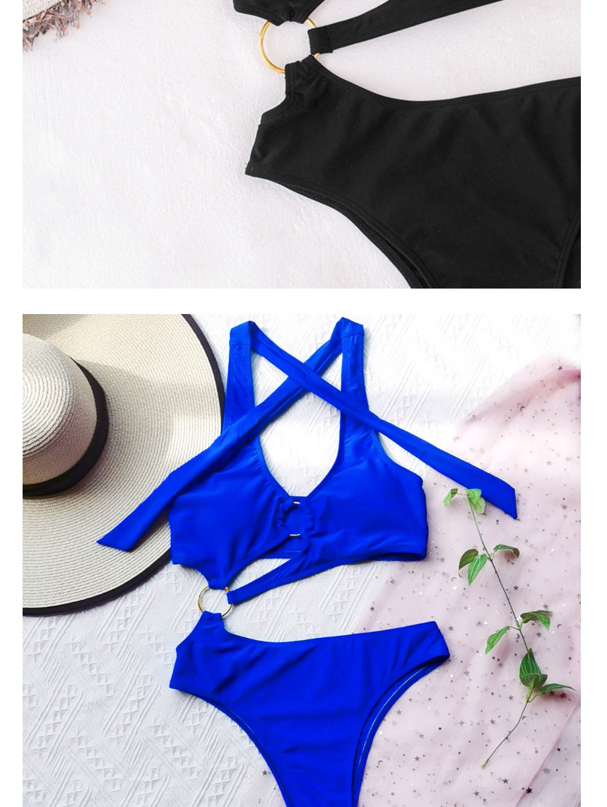 Fashion Blue Solid Color Bandage Metal Ring One-piece Swimsuit,One Pieces