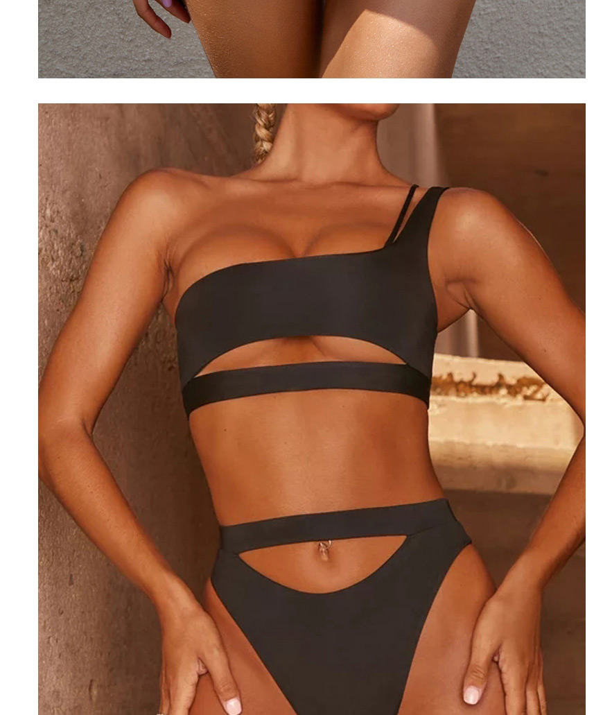 Fashion Black Solid Color Hollow One-shoulder Tether One-piece Swimsuit,One Pieces