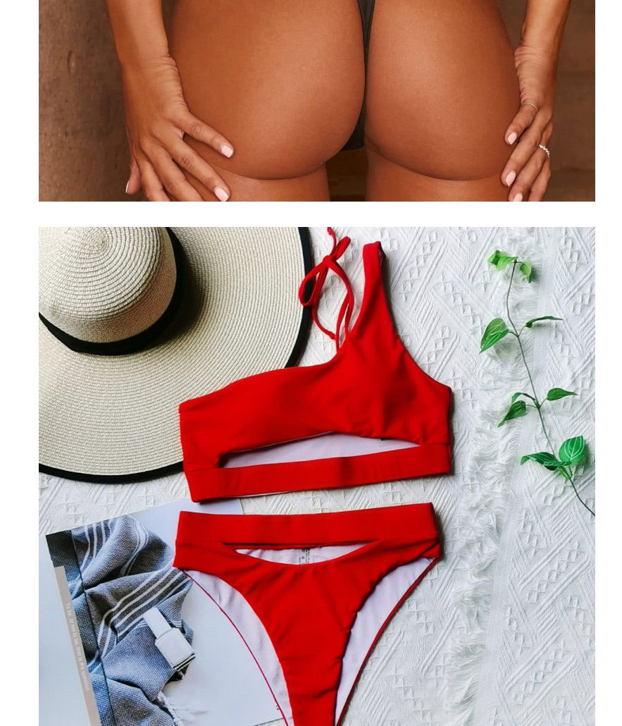 Fashion Red Solid Color Hollow One-shoulder Tether One-piece Swimsuit,One Pieces