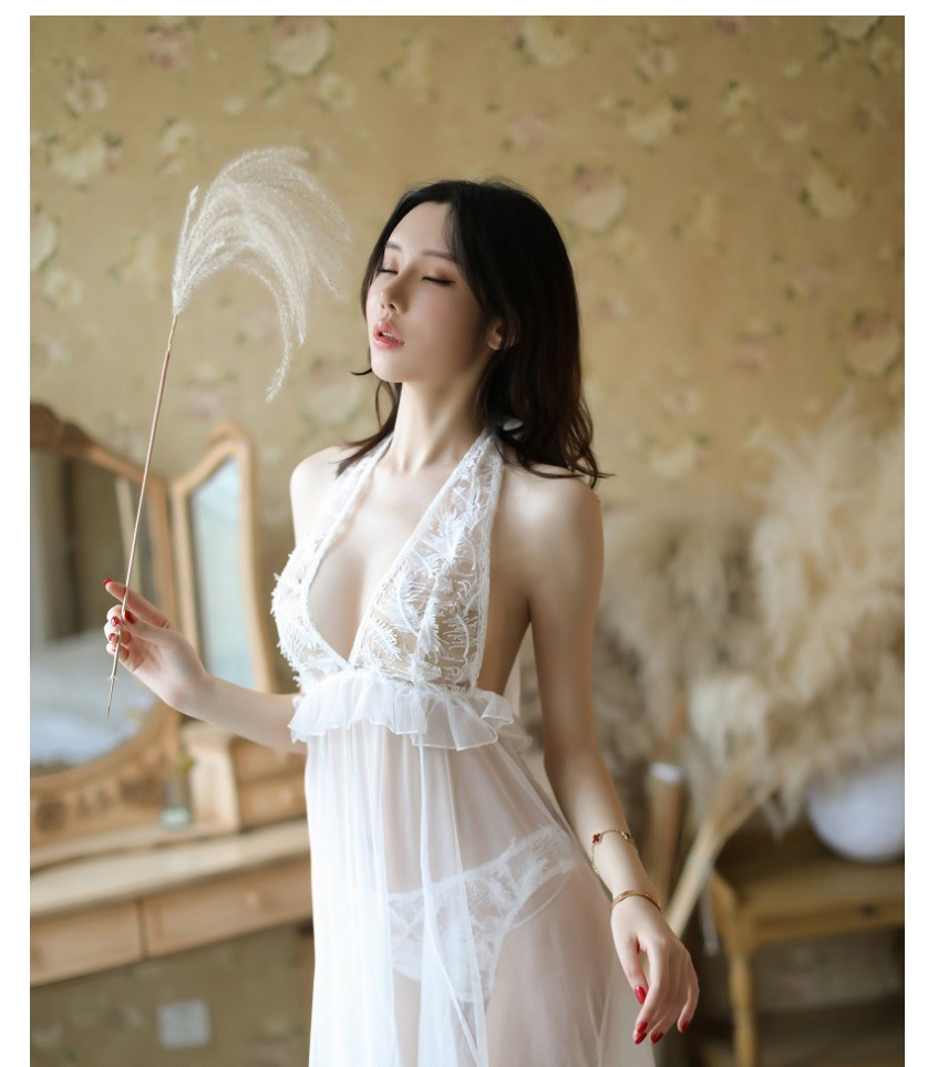 Fashion White Feather Embroidered Ruffled Suspender Nightdress,SLEEPWEAR & UNDERWEAR