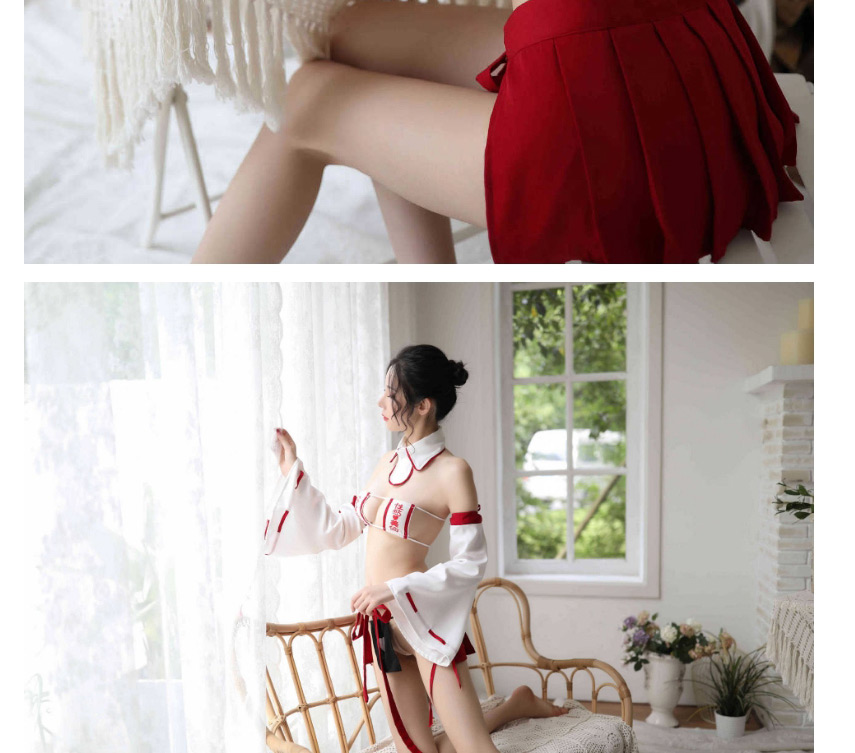 Fashion Red Three-point Strappy Short Skirt Flared Sleeve Underwear Set,Lover Suit