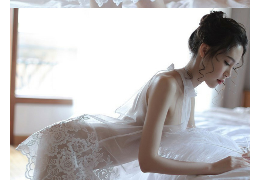 Fashion White Mesh Embroidery Lace-up Halterneck See-through Pajama Set,SLEEPWEAR & UNDERWEAR