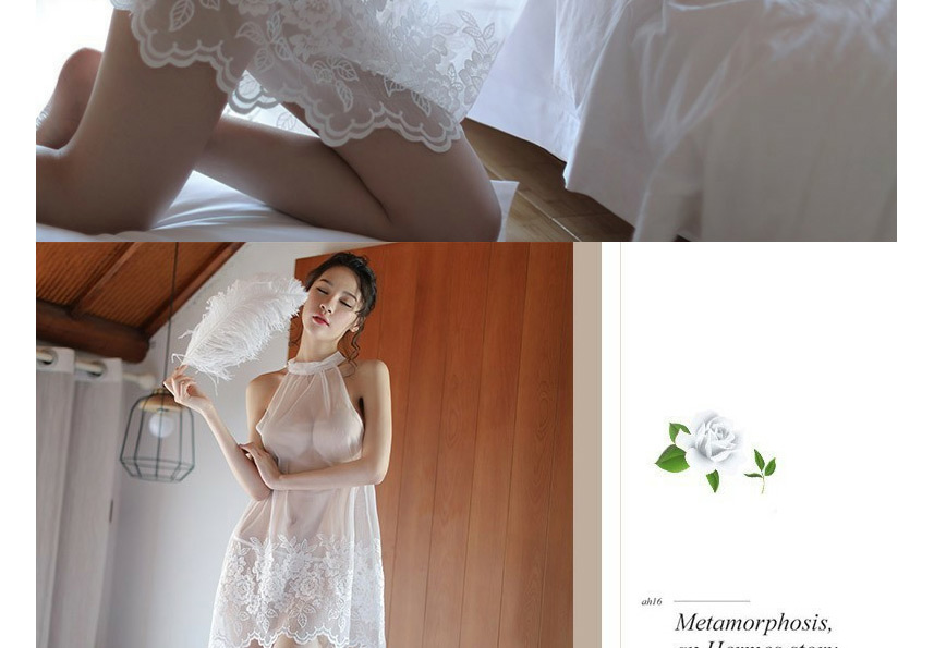 Fashion White Mesh Embroidery Lace-up Halterneck See-through Pajama Set,SLEEPWEAR & UNDERWEAR