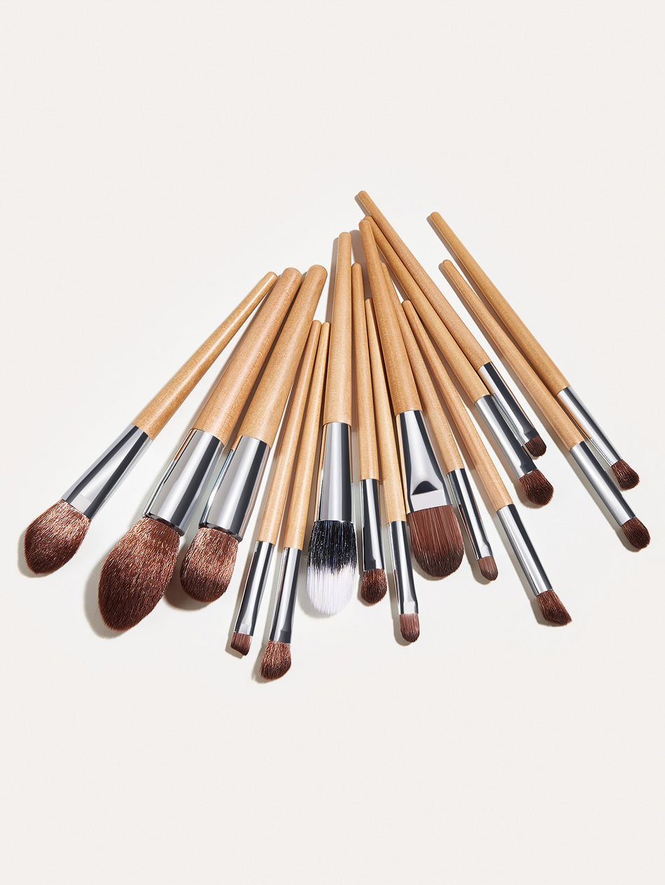 Fashion Log 15pcs Wooden Handle Nylon Hair Aluminum Tube Makeup Brush Set,Beauty tools