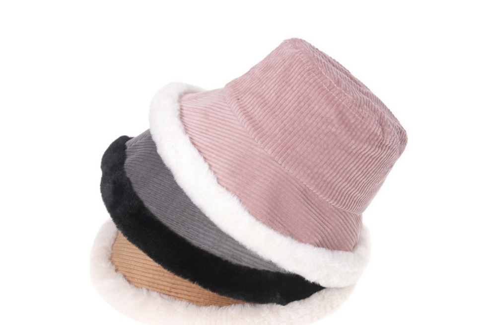 Fashion Pink Corduroy Striped Rabbit Fur Trim Fisherman Hat,Sun Hats