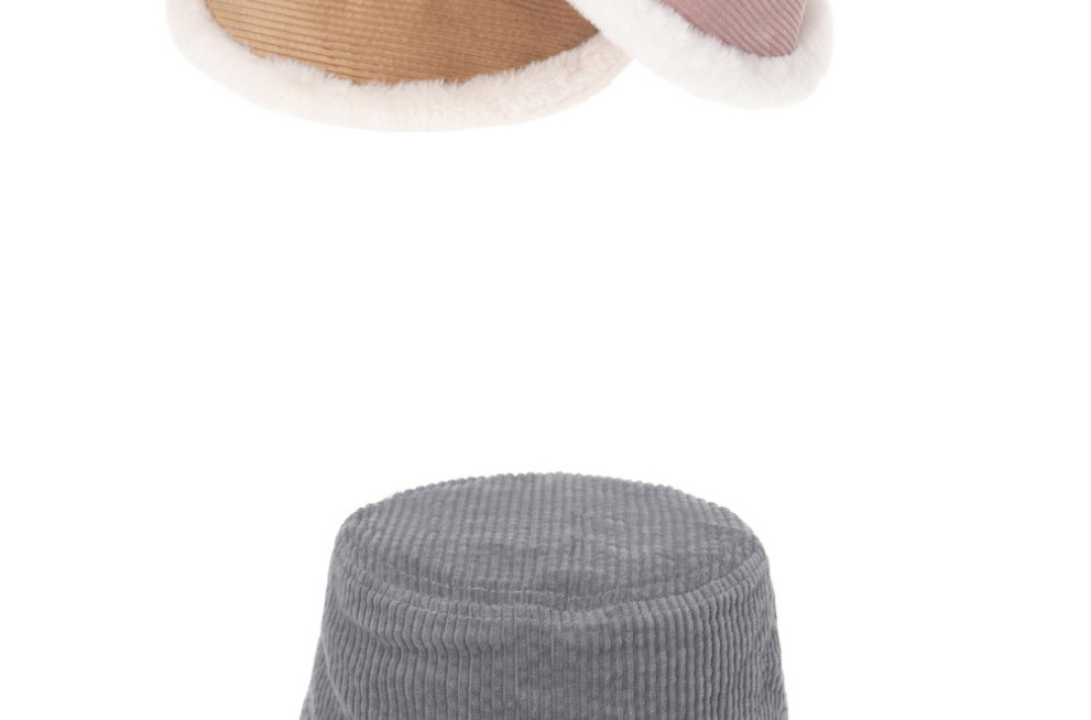 Fashion Gray Corduroy Striped Rabbit Fur Trim Fisherman Hat,Sun Hats