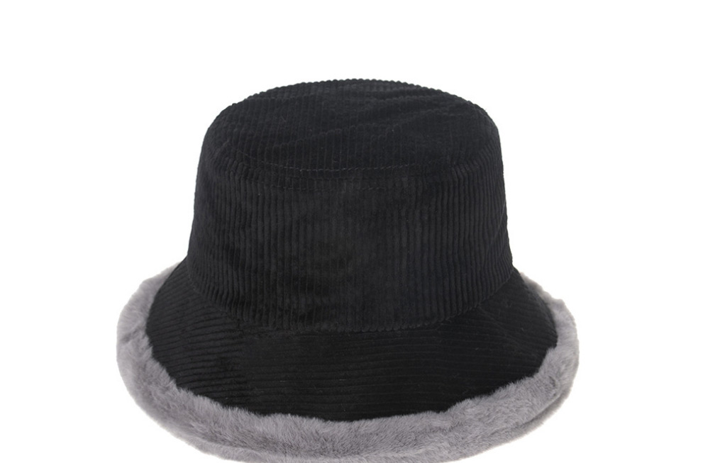 Fashion Gray Corduroy Striped Rabbit Fur Trim Fisherman Hat,Sun Hats