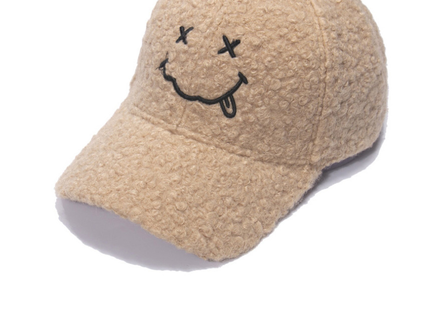 Fashion Beige Lamb Velvet Smiley Face Letter Embroidery Cap,Baseball Caps