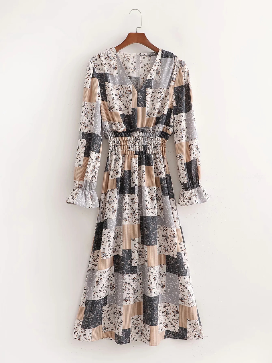 Fashion Printing Geometric Print Waist Dress,Long Dress