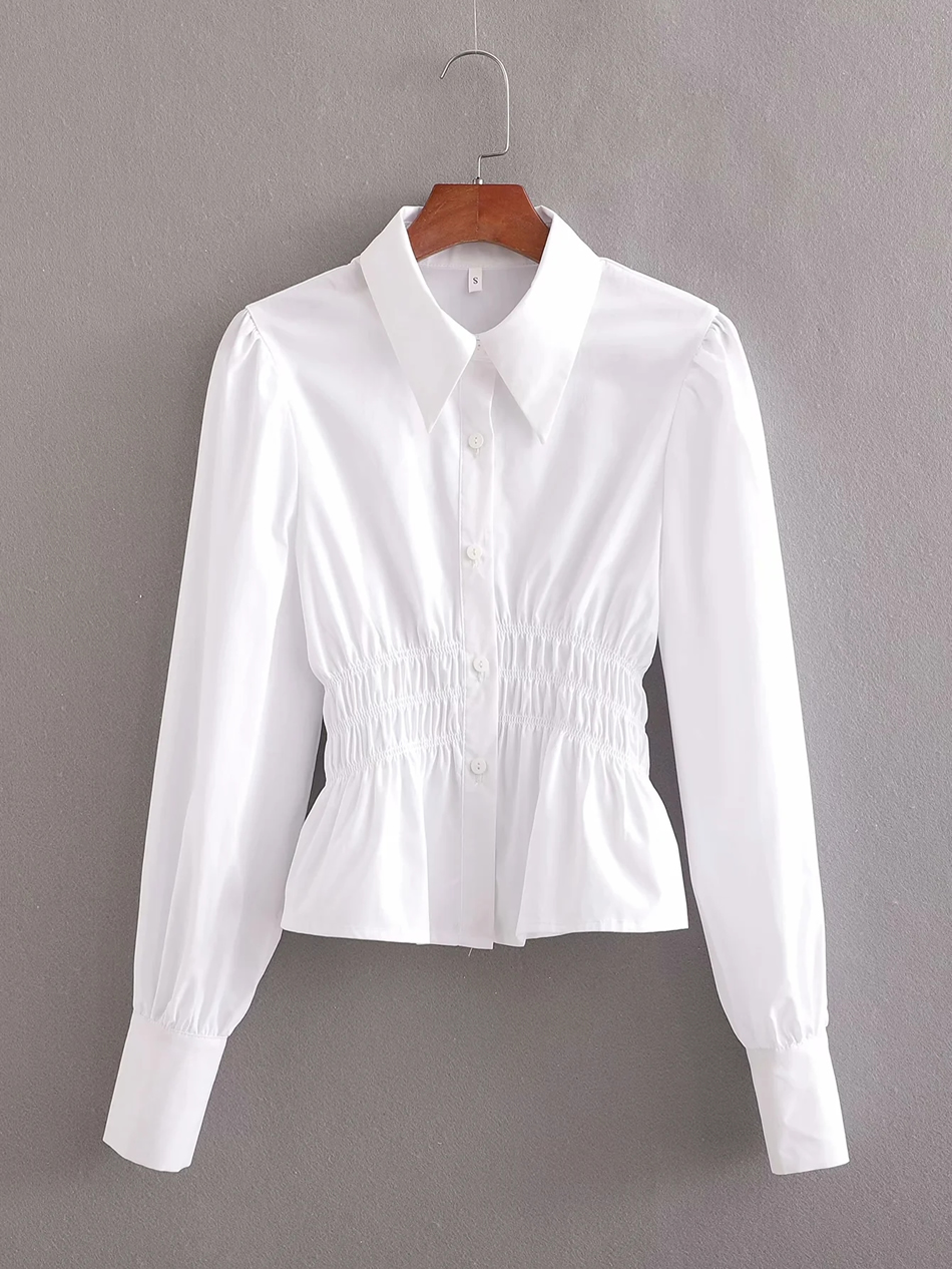 Fashion White Long-sleeved Shirt With Elasticated Waist,Tank Tops & Camis