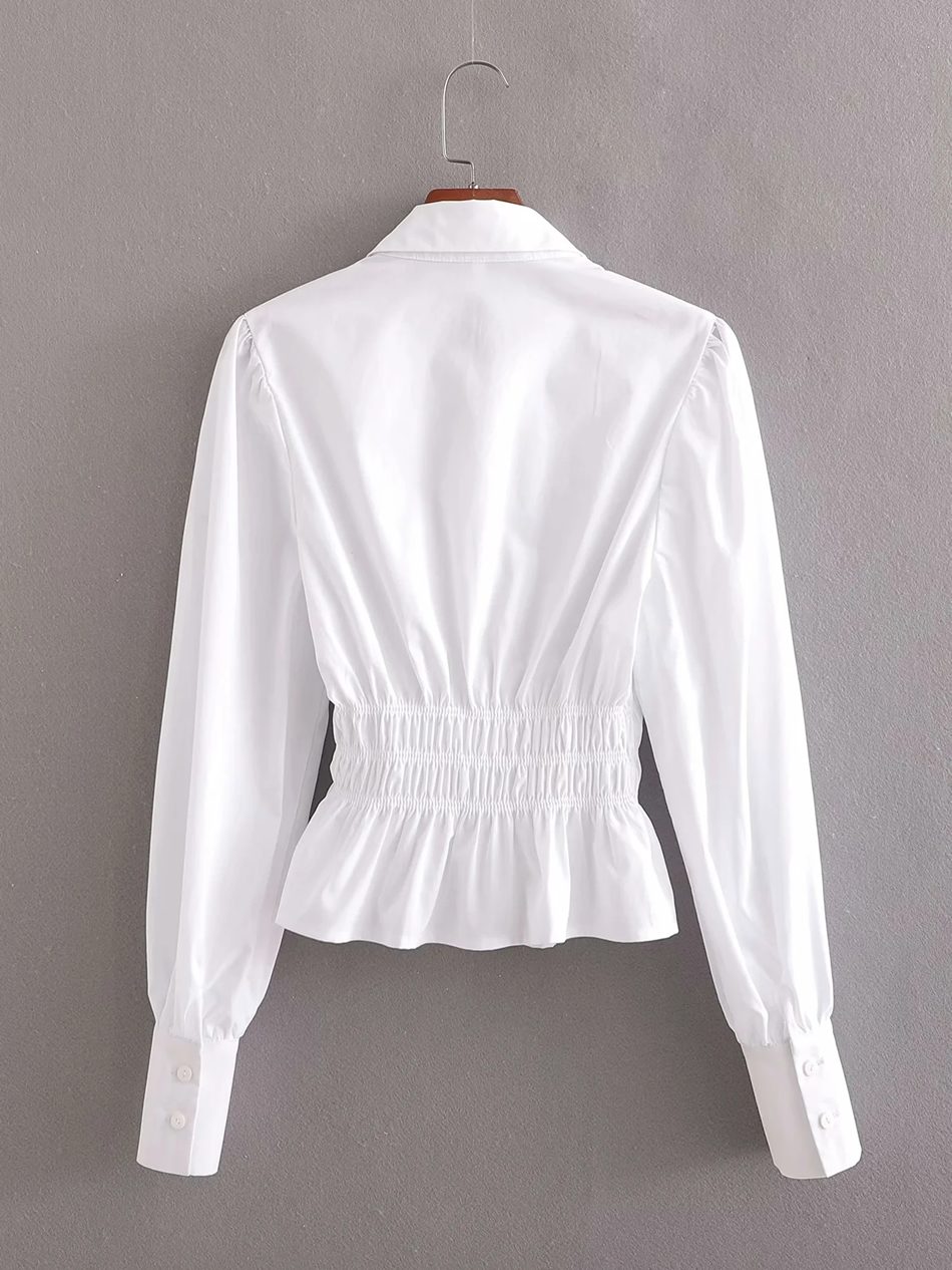 Fashion White Long-sleeved Shirt With Elasticated Waist,Tank Tops & Camis