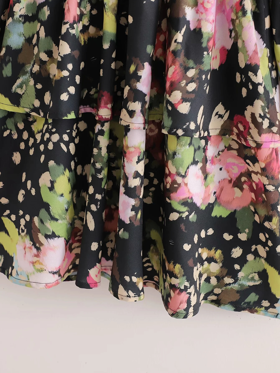 Fashion Printing Deep V Print Long Sleeve Multi-layer Dress,Long Dress