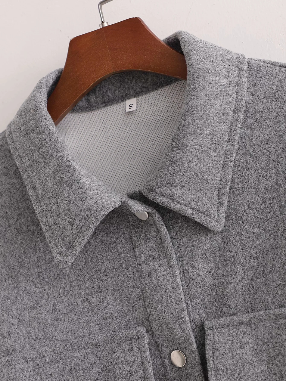 Fashion Gray Long Woolen Stitching Contrast Shirt Jacket,Tank Tops & Camis