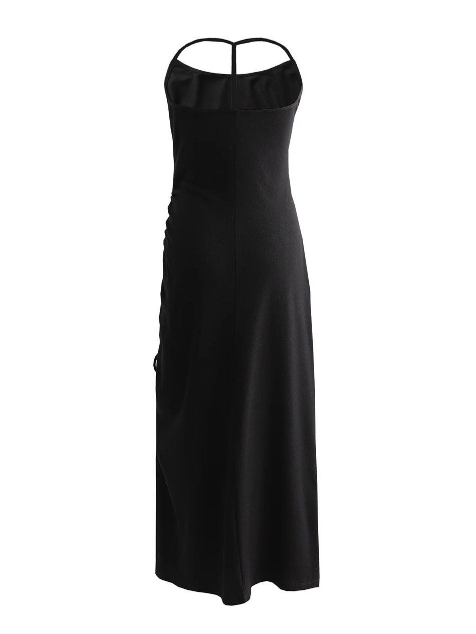 Fashion Black Threaded Drawstring Slit Dress,Long Dress