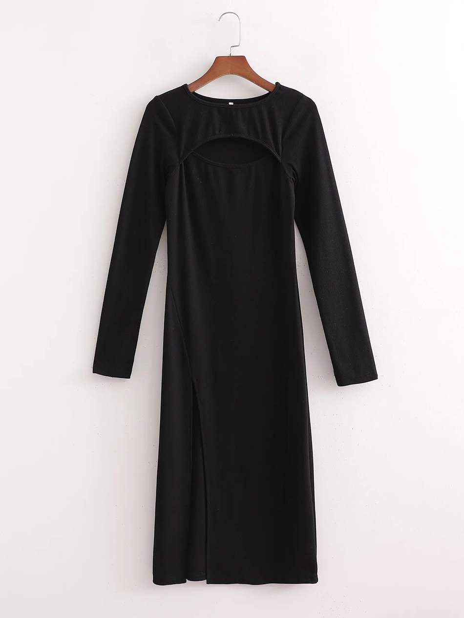 Fashion Black Hollow Slit Long Sleeve Dress,Long Dress