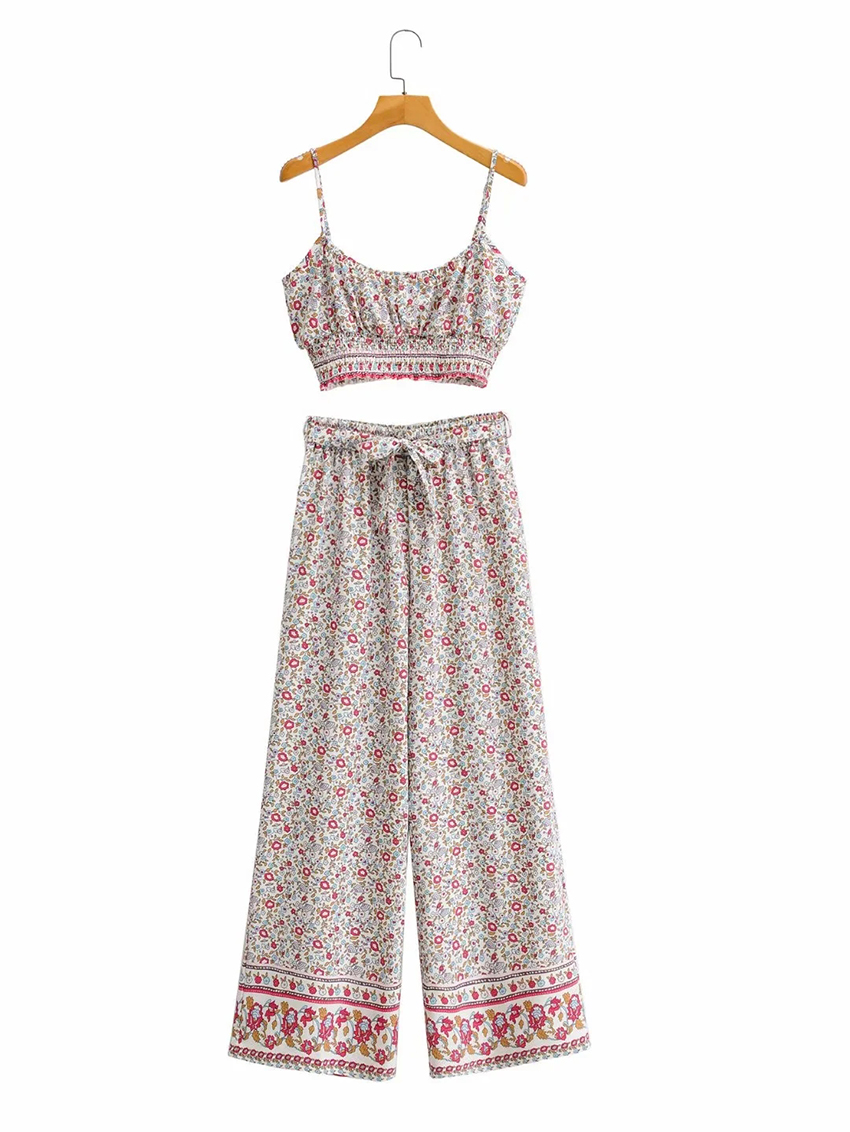  Printing Floral Print Cropped Top With Bowknot Wide-leg Pants Suit,Tank Tops & Camis