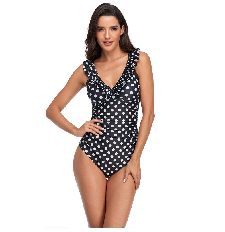Fashion Black Polka Dot Fungus Side Open Back One-piece Swimsuit,One Pieces