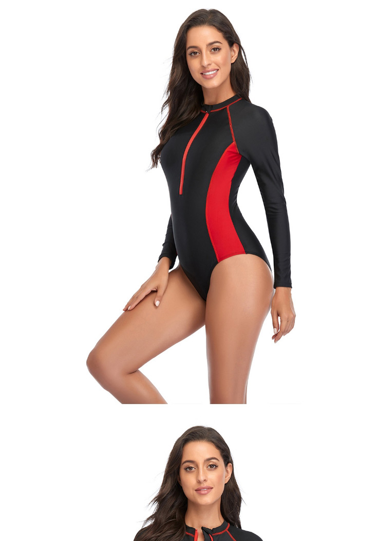 Fashion Orange Stitching Contrast Color Long-sleeved Zipper One-piece Swimsuit Wetsuit,One Pieces