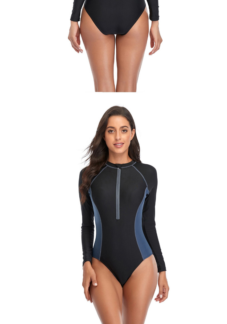 Fashion Dark Blue Stitching Contrast Color Long-sleeved Zipper One-piece Swimsuit Wetsuit,One Pieces