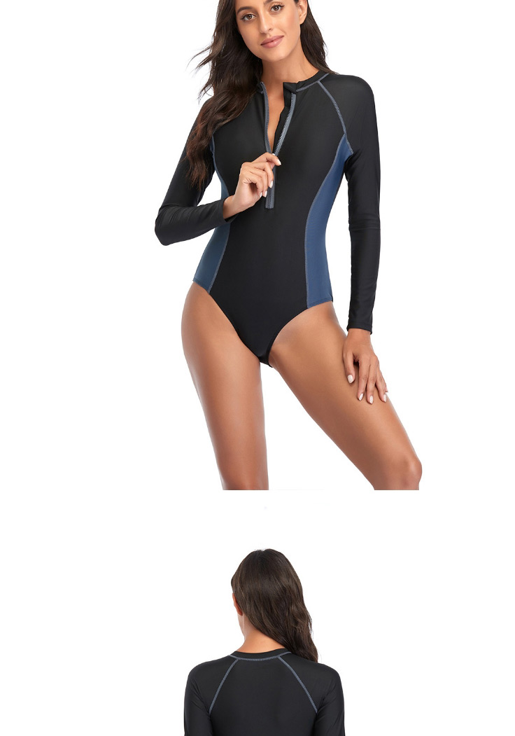 Fashion Yellow Stitching Contrast Color Long-sleeved Zipper One-piece Swimsuit Wetsuit,One Pieces