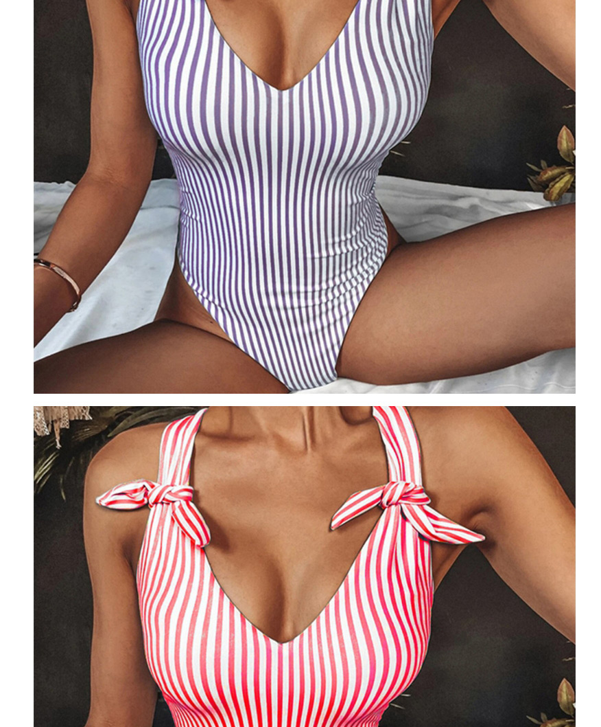 Fashion Purple Striped Knotted Printed Open Back One-piece Swimsuit,One Pieces