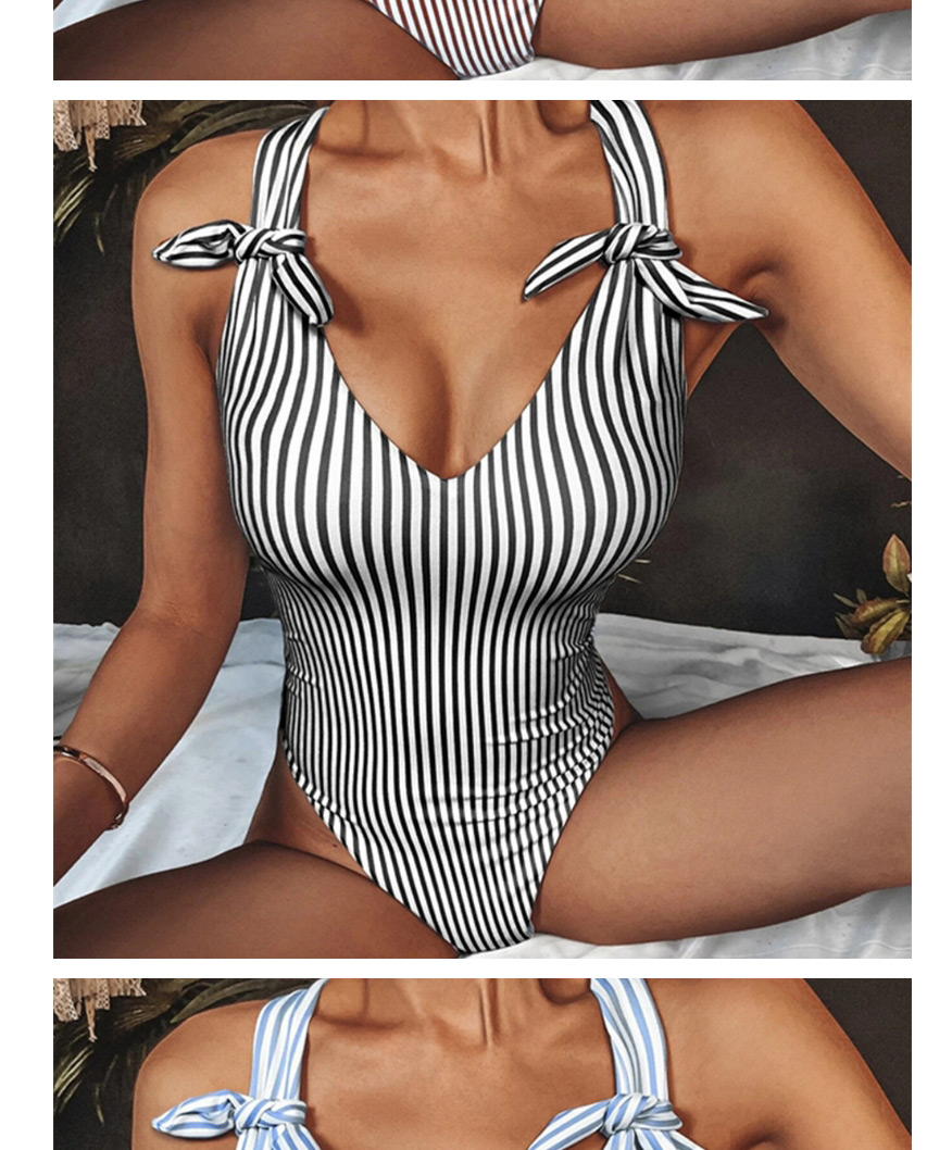 Fashion Blue Striped Knotted Printed Open Back One-piece Swimsuit,One Pieces