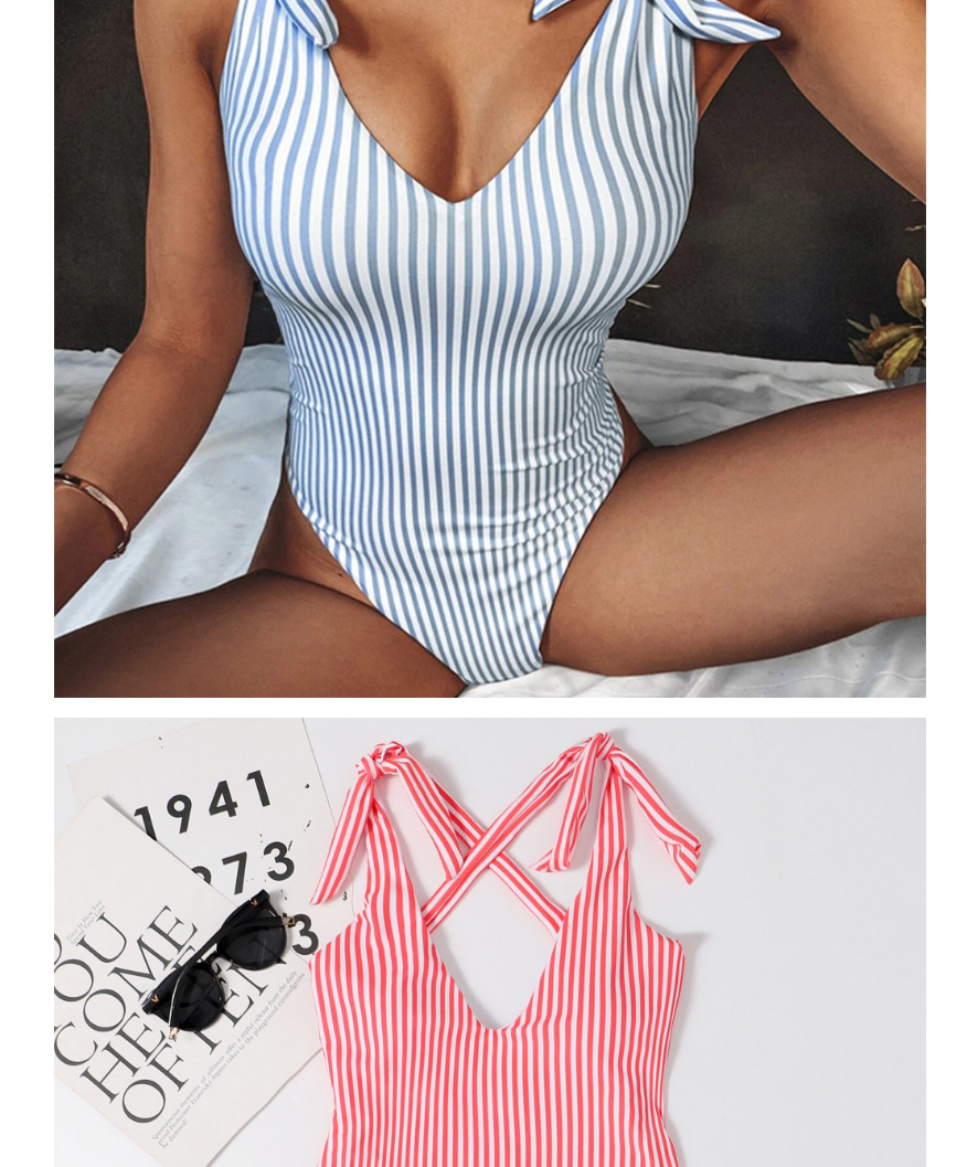 Fashion Pink Striped Knotted Printed Open Back One-piece Swimsuit,One Pieces