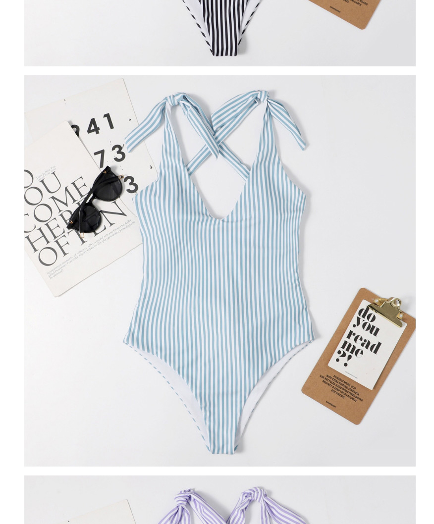 Fashion Blue Striped Knotted Printed Open Back One-piece Swimsuit,One Pieces