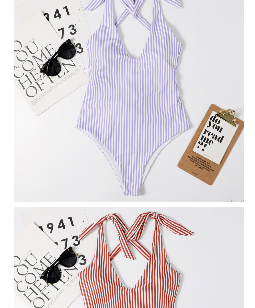 Fashion Black Striped Knotted Printed Open Back One-piece Swimsuit,One Pieces