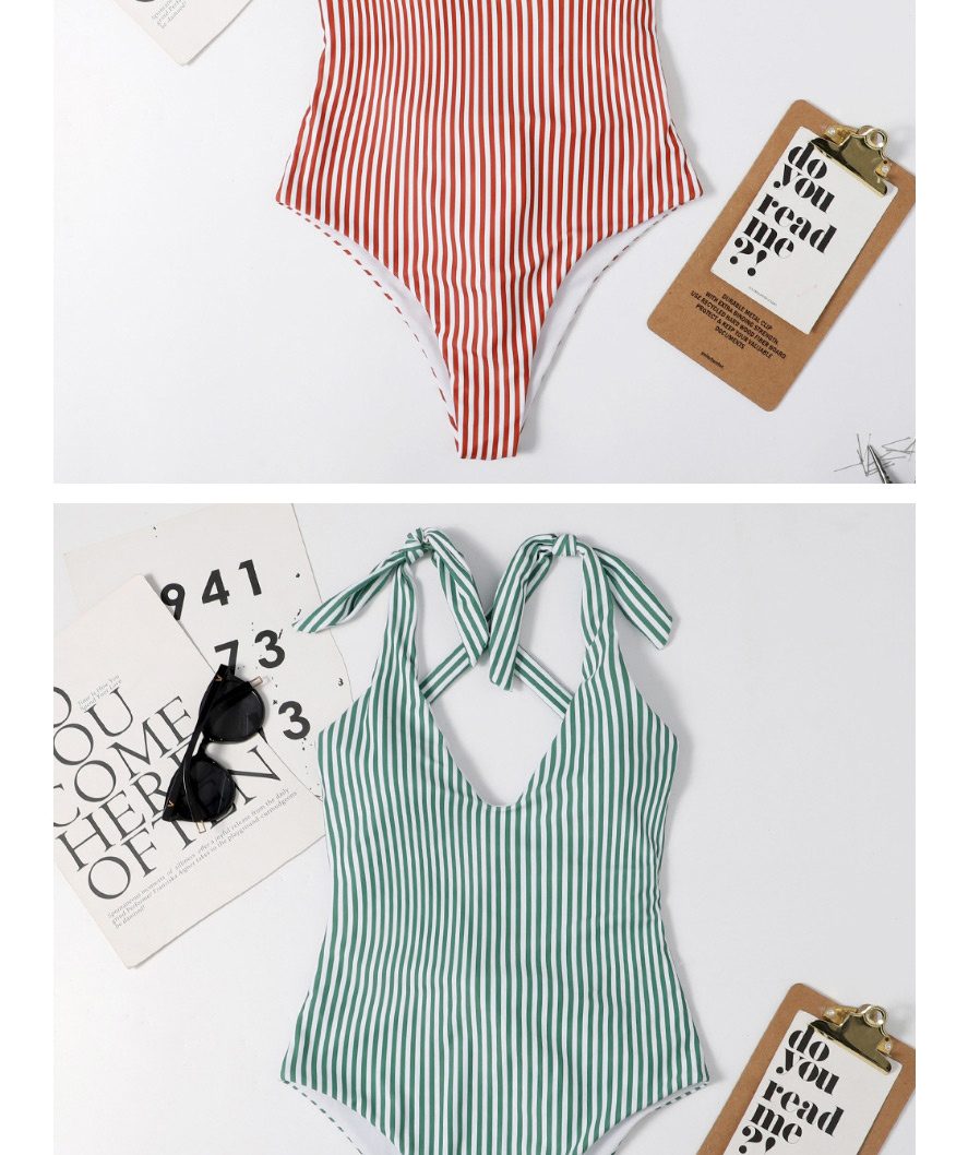 Fashion Green Striped Knotted Printed Open Back One-piece Swimsuit,One Pieces