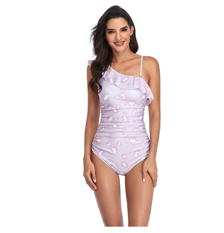 Fashion Pink One-shoulder Printed Ruffled Swimsuit,One Pieces