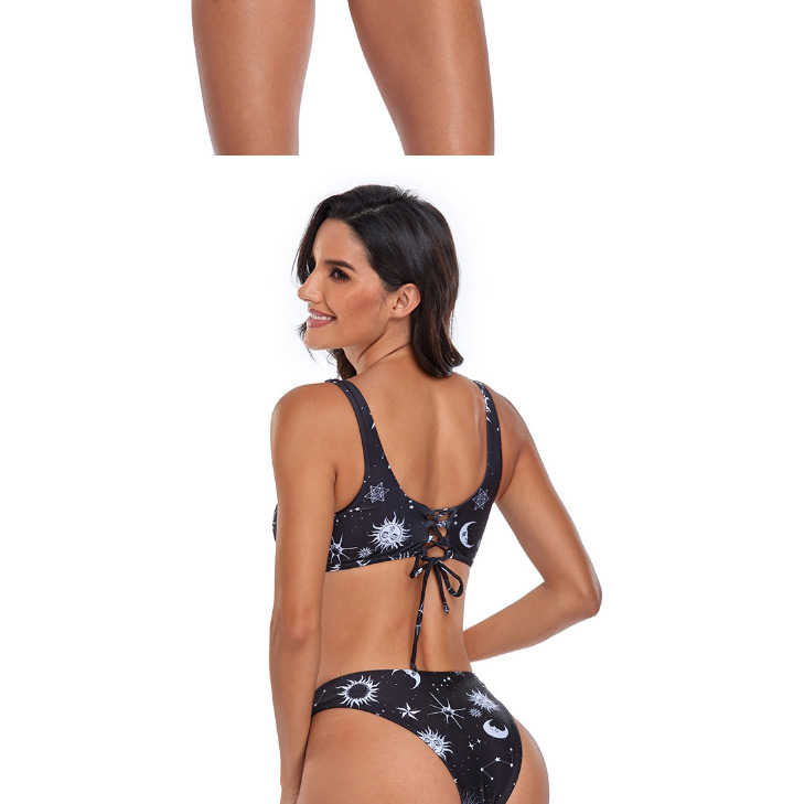 Fashion Black Block Sun Print Tether Split Swimsuit,Bikini Sets