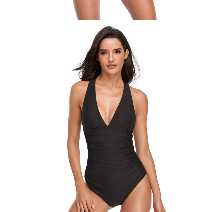 Fashion Navy Blue Solid Color V-neck Halter One-piece Swimsuit,One Pieces