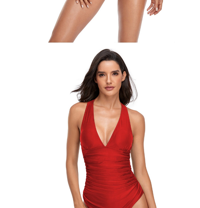 Fashion Wine Red Solid Color V-neck Halter One-piece Swimsuit,One Pieces
