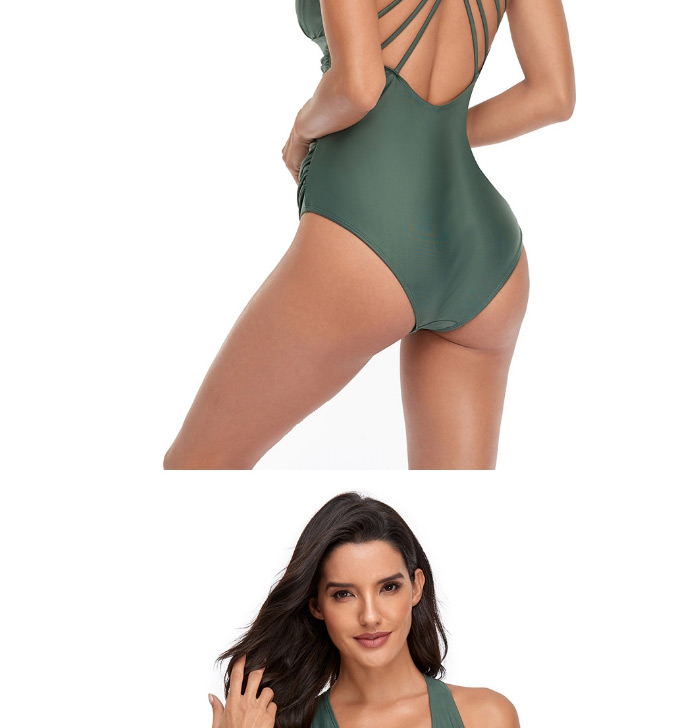 Fashion Army Green Solid Color V-neck Halter One-piece Swimsuit,One Pieces