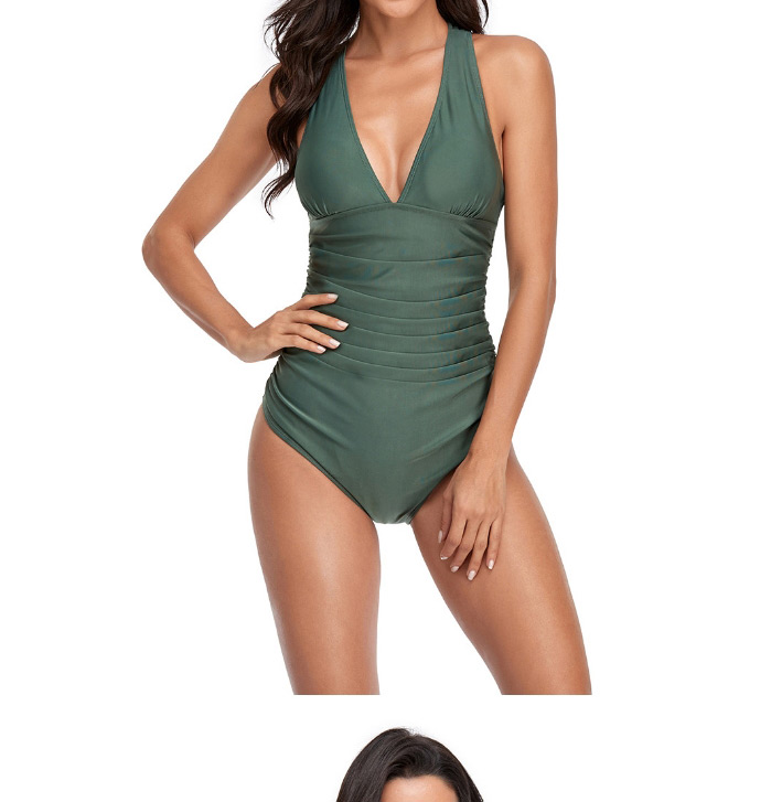 Fashion Army Green Solid Color V-neck Halter One-piece Swimsuit,One Pieces
