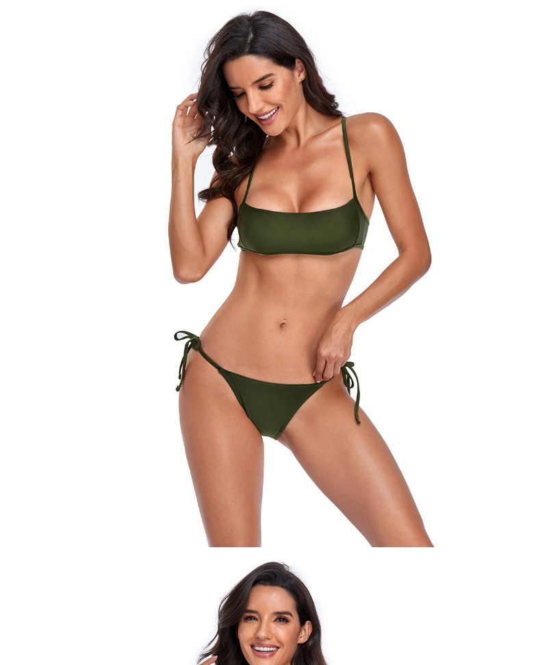 Fashion Armygreen Tether Strap Solid Color Split Swimsuit,Bikini Sets