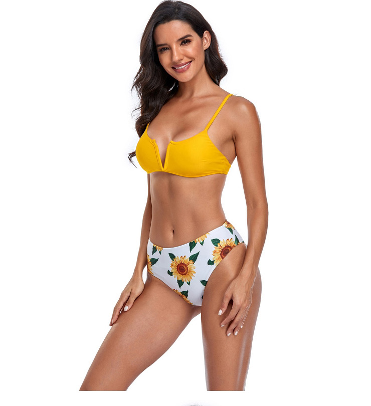 Fashion Yellow Printed V-neck Contrast Split Swimsuit,Bikini Sets