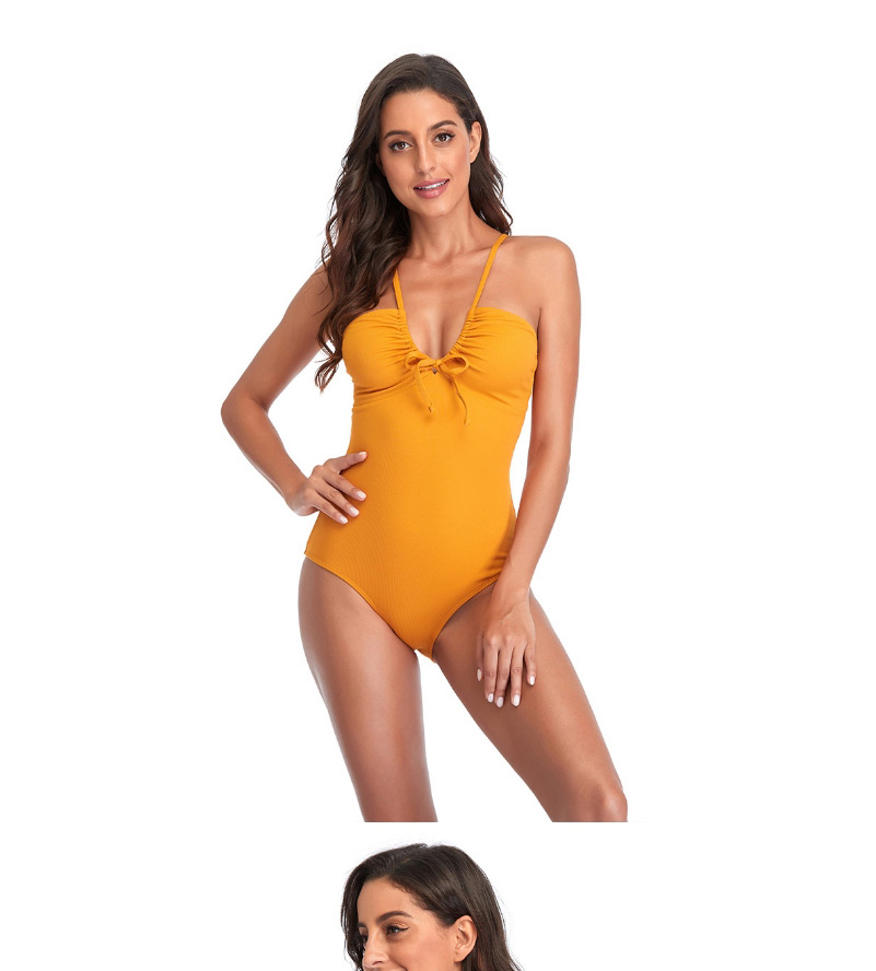 Fashion Yellow Solid Color Open Back Lace-up Swimsuit,One Pieces